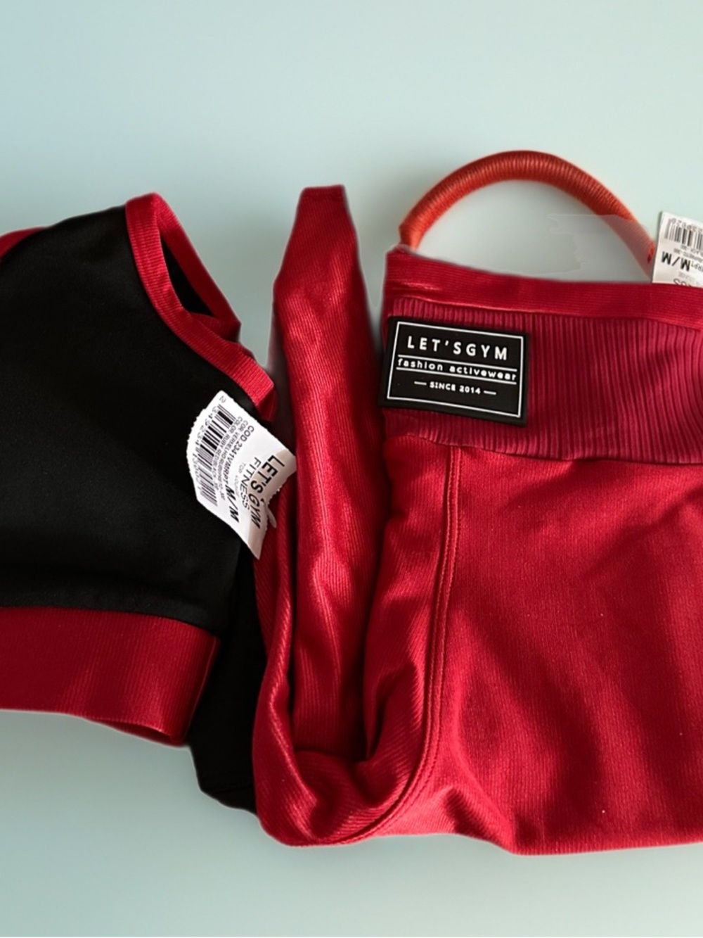 Red Women's Activewear Set - Ribbed High-Waist Leggings & Crop Top